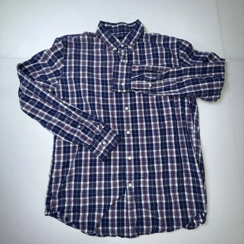 J.Crew Mens Plaid Button Down Shirt Blue Cotton Size Large Preppy Coastal Casual - Picture 2 of 6